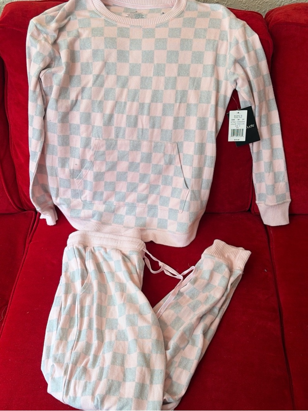 Cuddl Duds Pink and Gray Checkered Cozy Pajama Set